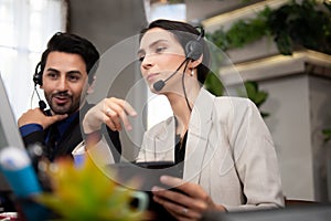 Call center and customer service team support for information operator at work.Â 